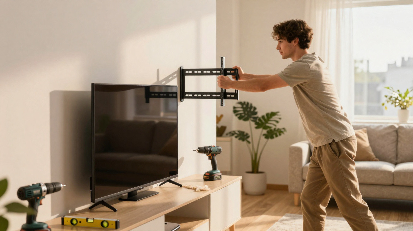 Young man installing a TV wall mount bracket in a bright living room with tools on a wooden unit nearby.