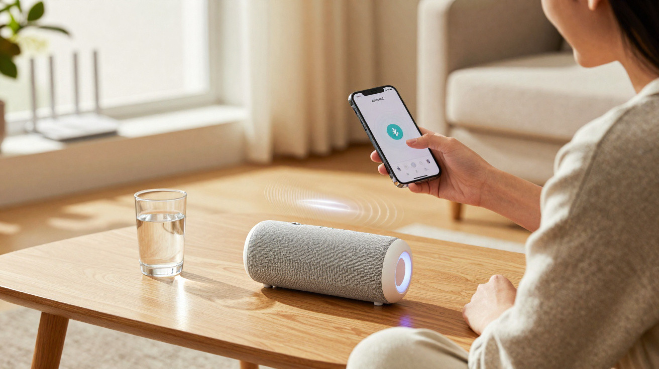 Person connecting a smartphone to a portable Bluetooth speaker on a wooden table with a glass of water.