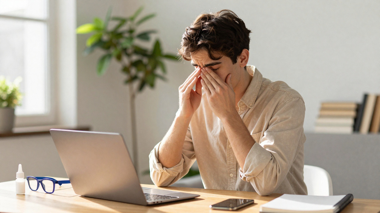Young man sitting at a desk with laptop, massaging his eyes, appearing tired or stressed in a bright room.