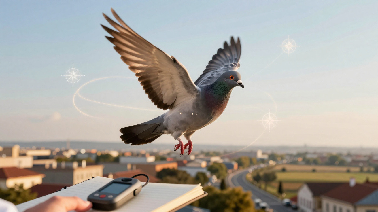 Pigeon in mid-flight above a suburban area, with a hand holding a notebook and device in the foreground.