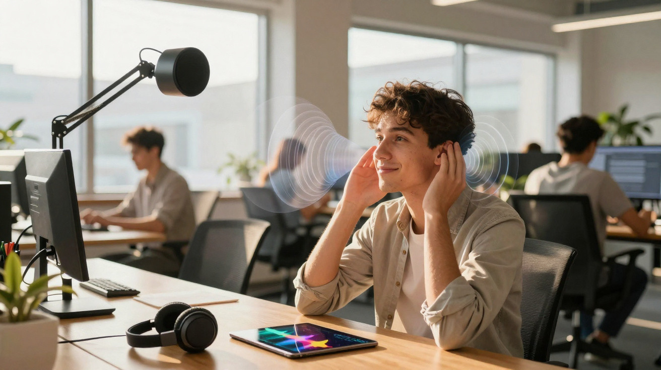 Young man wearing wireless headphones at desk with tablet and computer in modern office with colleagues.