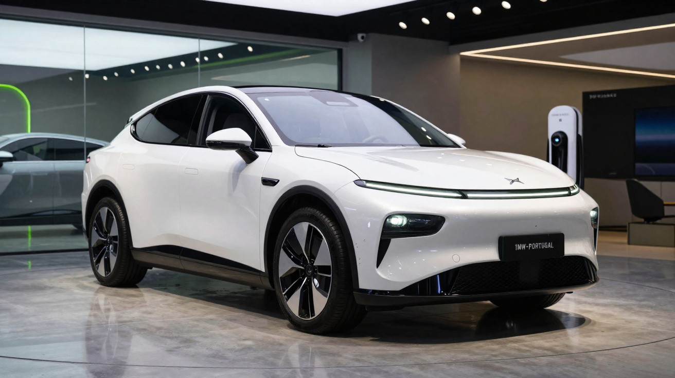 White electric sedan displayed indoors with modern, sleek design and futuristic LED headlights.