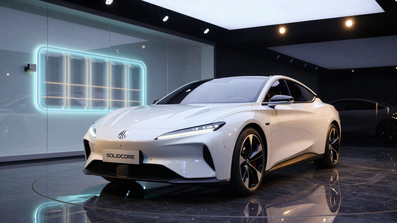 Sleek white Solidcore electric car displayed in modern showroom with neon lighting and reflective flooring.