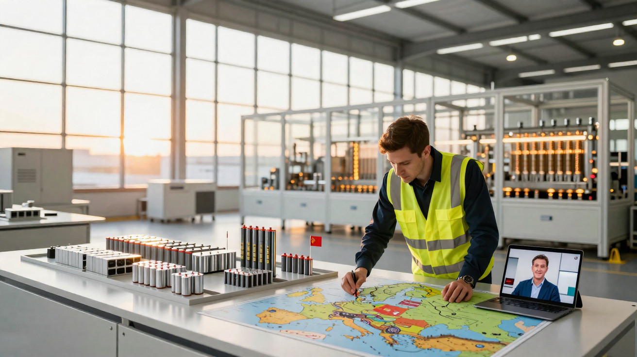 Engineer in high-visibility vest marking a map on a table with batteries and a video call on a tablet in a bright factory.