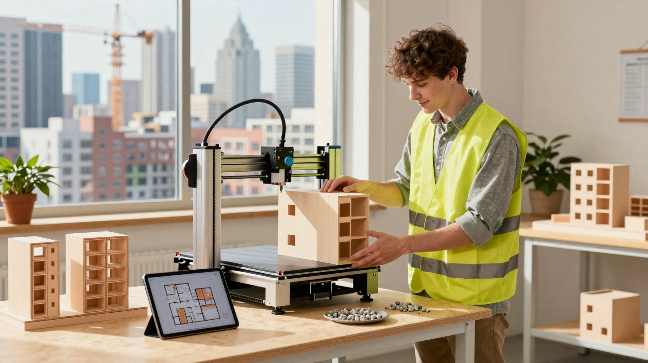 Man in a high-visibility vest working with a 3D printer and wooden architectural models in an office.