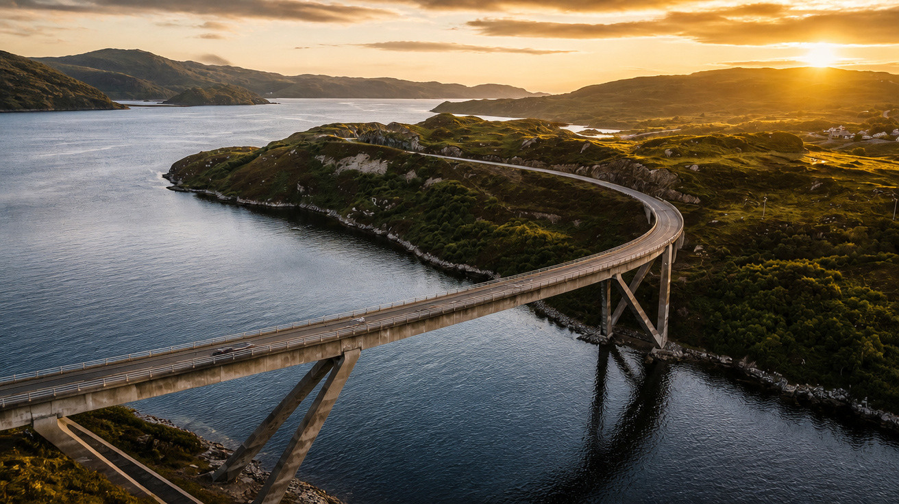 Curved bridge over calm water at sunset with hills and golden sky in the background.