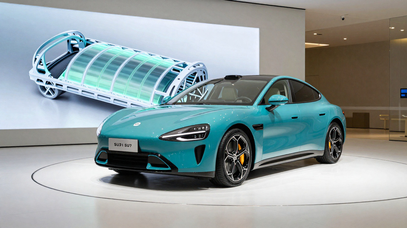 Teal electric sedan displayed in showroom with digital battery model projected on wall behind it.