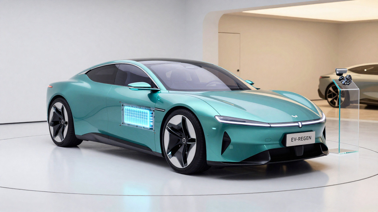 Sleek teal electric car displayed indoors with illuminated side panel showing battery components.