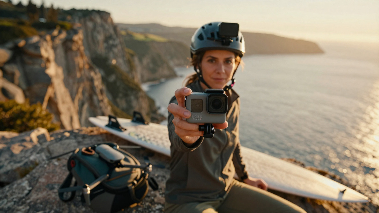 Woman wearing helmet holding action camera by surfboard on rocky cliff near sea at sunset