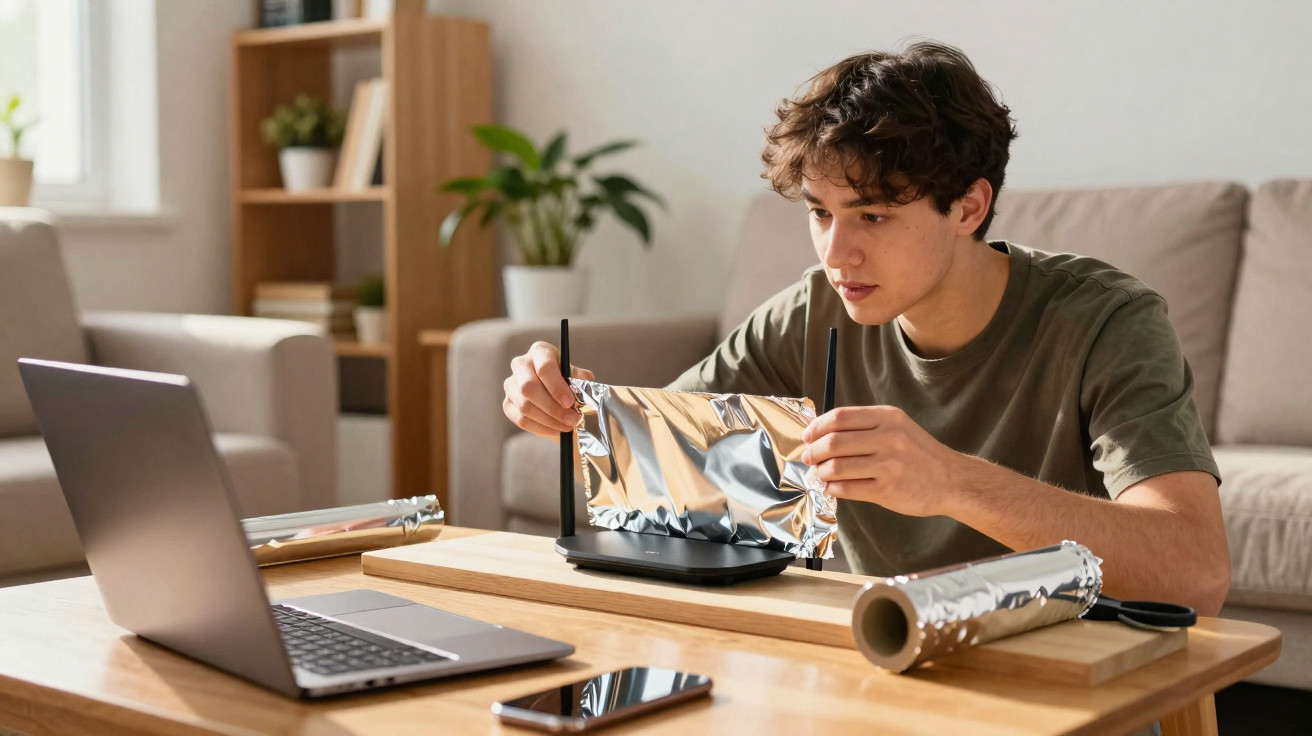 Young man wrapping Wi-Fi router antennas with aluminium foil at home, laptop and phone on table nearby.
