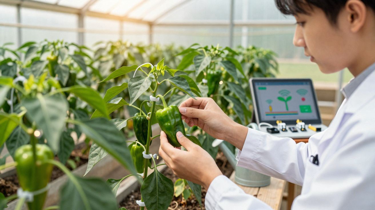 Scientist inspecting green peppers growing in a greenhouse with a digital monitoring system in the background.