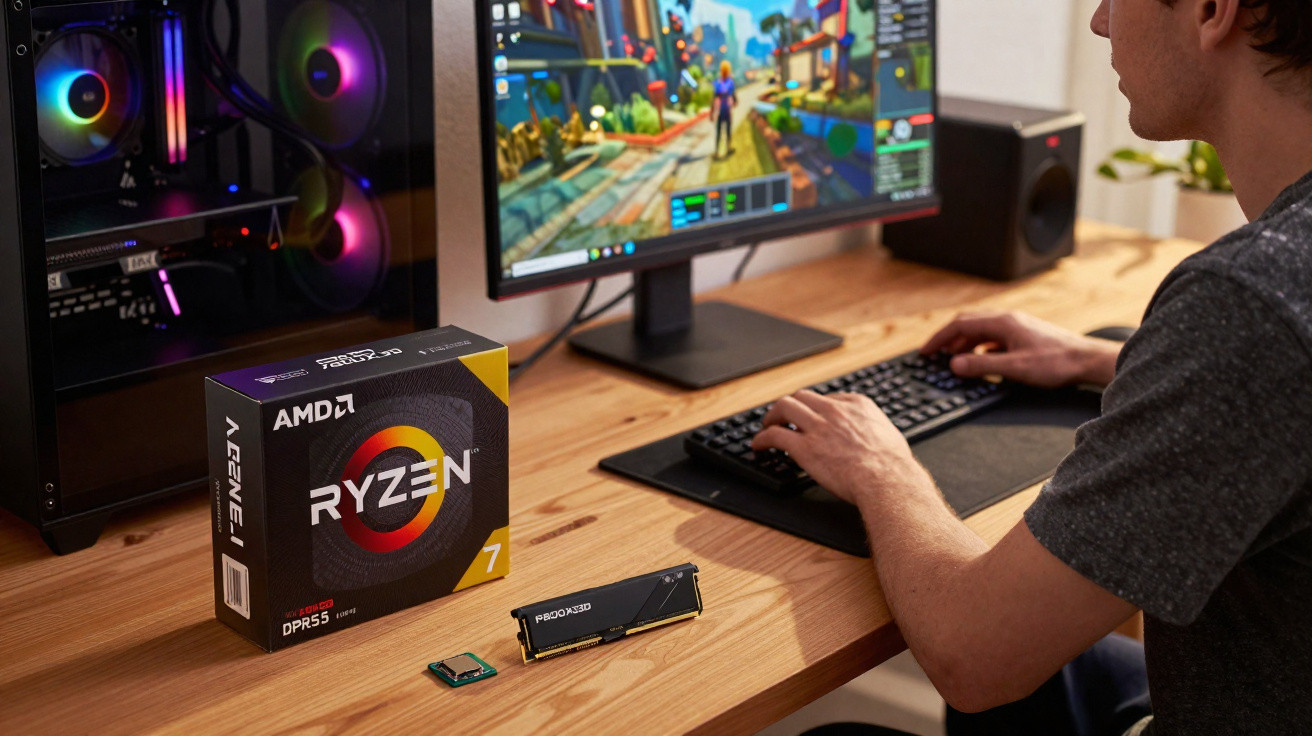 Person using a gaming PC setup with AMD Ryzen 7 processor box, RAM stick, and CPU on a wooden desk.