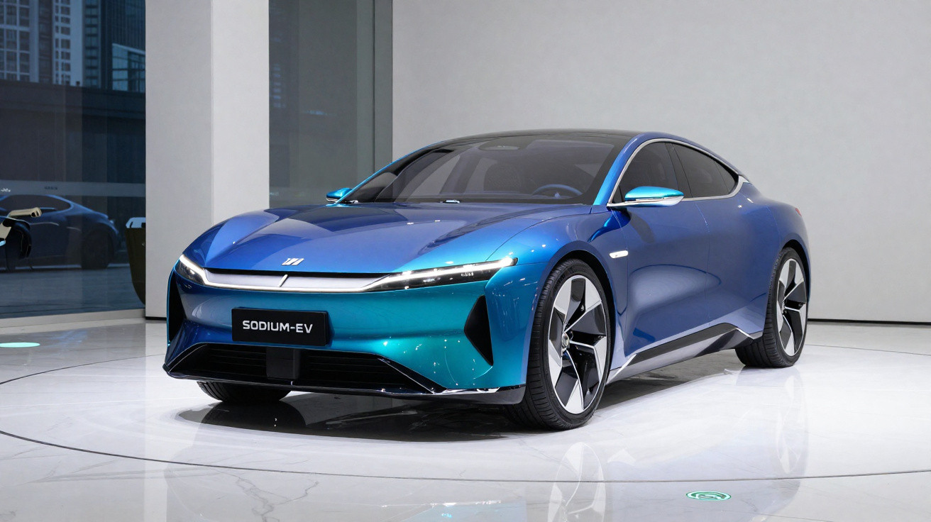 Sleek blue electric sports car on display inside a modern showroom with glass and marble floors.