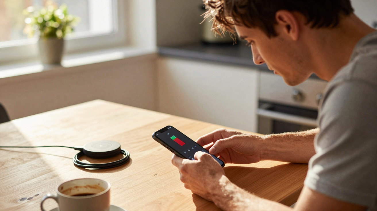 Man checking phone battery level while sitting at a wooden kitchen table with coffee and wireless charger nearby.