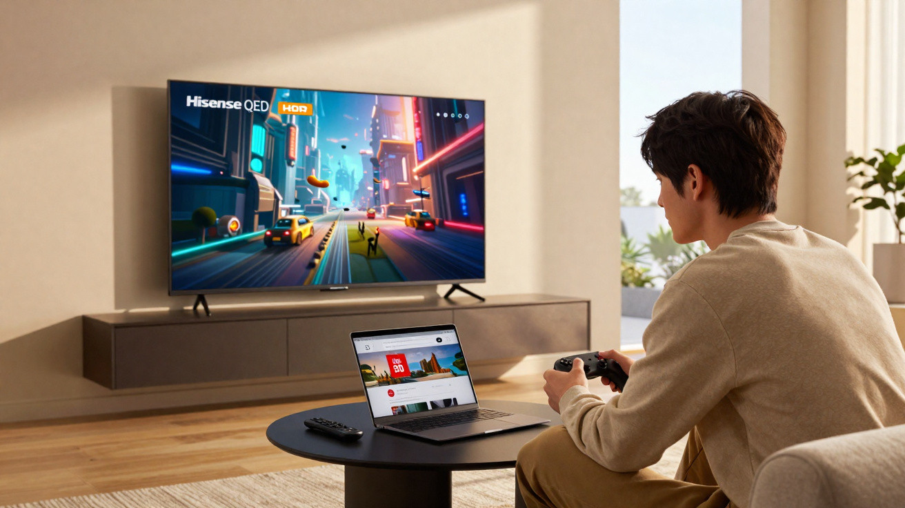 Person playing video game on Hisense QED TV in modern living room with laptop on coffee table.