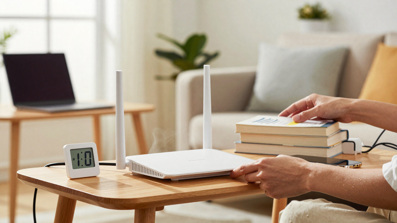Person setting up a white wireless router on a wooden table with books and a small digital clock nearby