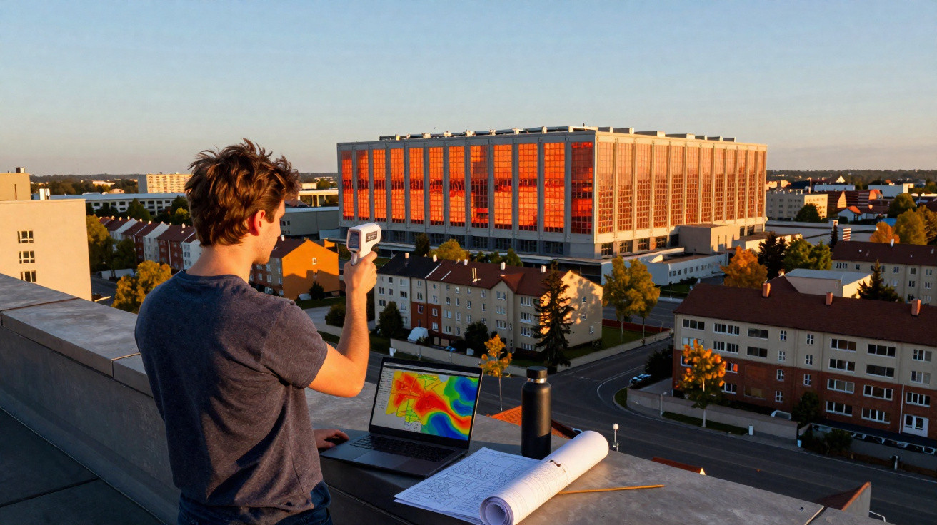 Person using a thermal camera on a rooftop with a laptop showing heat map and building in sunset light.