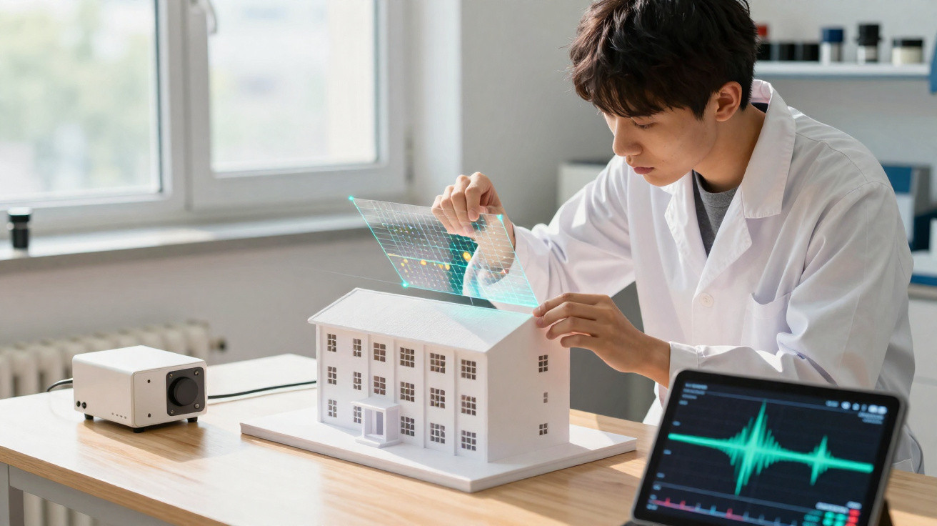 Scientist in lab coat examining a house model with a futuristic digital interface on a desk with soundwave display.