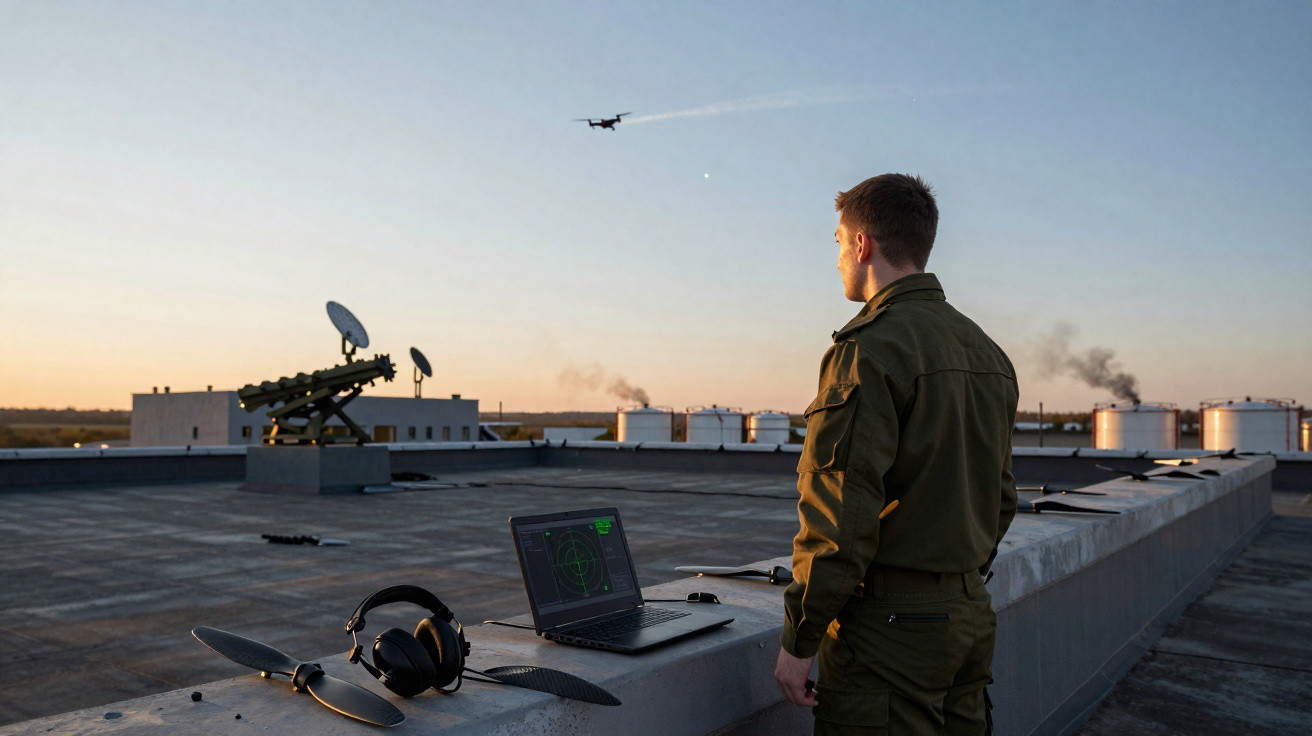 Military personnel monitoring a drone flying at sunset from a rooftop with radar equipment and a laptop.