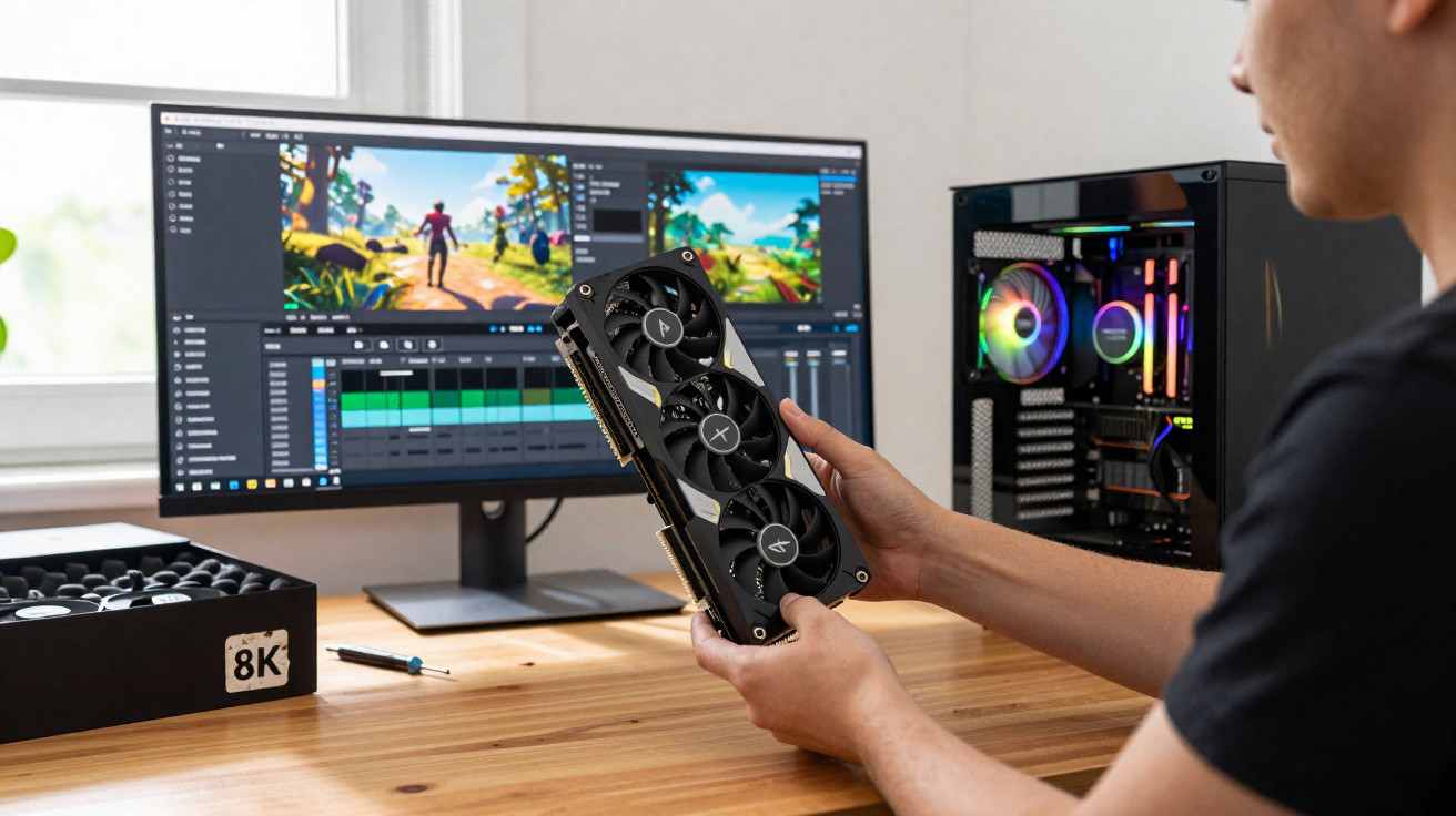 Person holding a computer graphics card with a monitor and gaming PC on a wooden desk.
