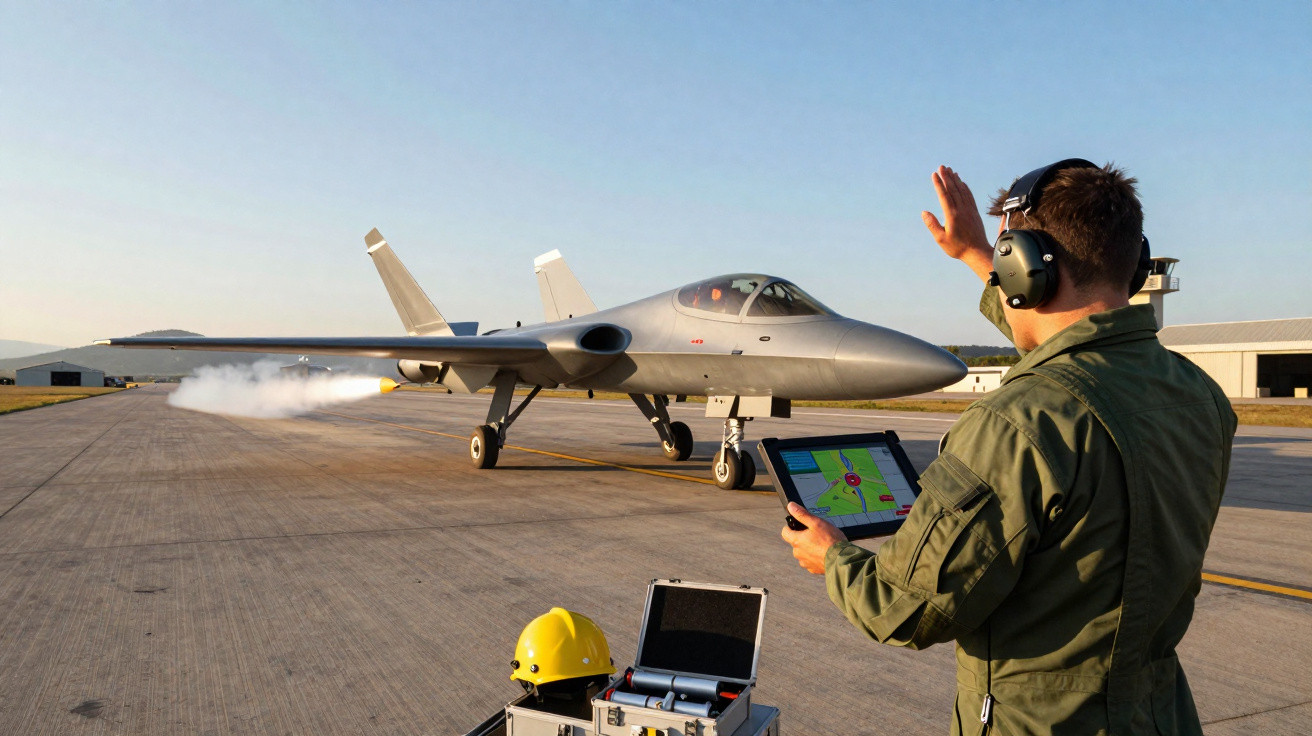 Person wearing headset controls unmanned aircraft on runway with tablet during takeoff at airfield.