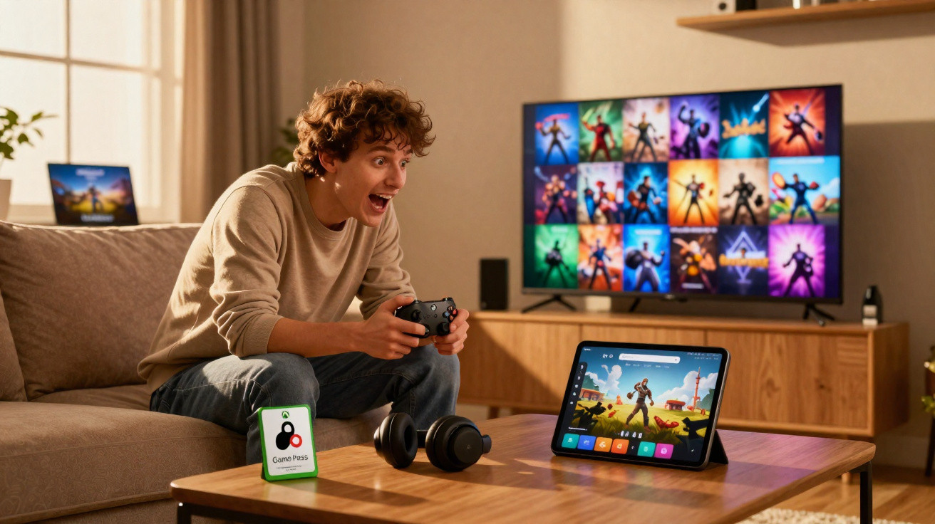 Young man excitedly playing a video game on console with multiple devices displaying game graphics around him.