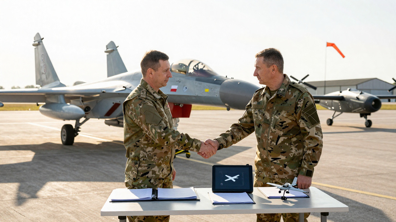 Two military personnel in camouflage shaking hands at a table with documents and model aircraft on an airbase.
