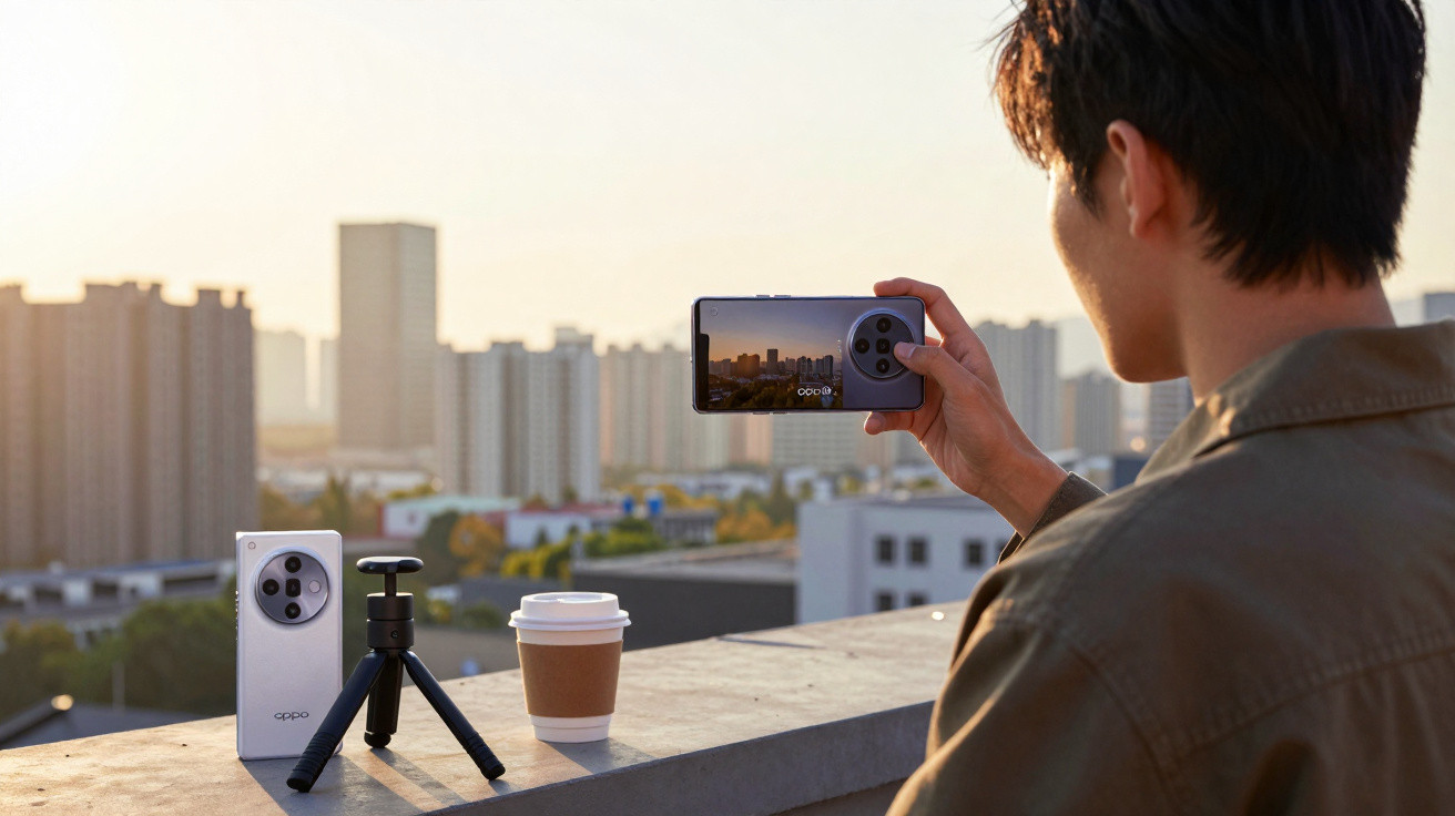 Person taking sunset cityscape photo with smartphone on rooftop, with another phone, tripod, and coffee cup nearby.