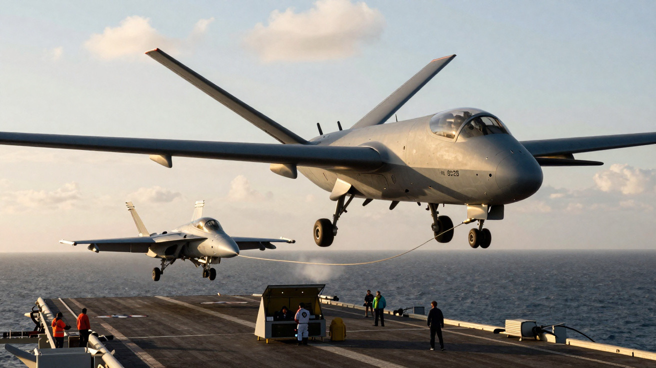 Military drone and fighter jet landing on aircraft carrier deck over ocean with crew members on deck.