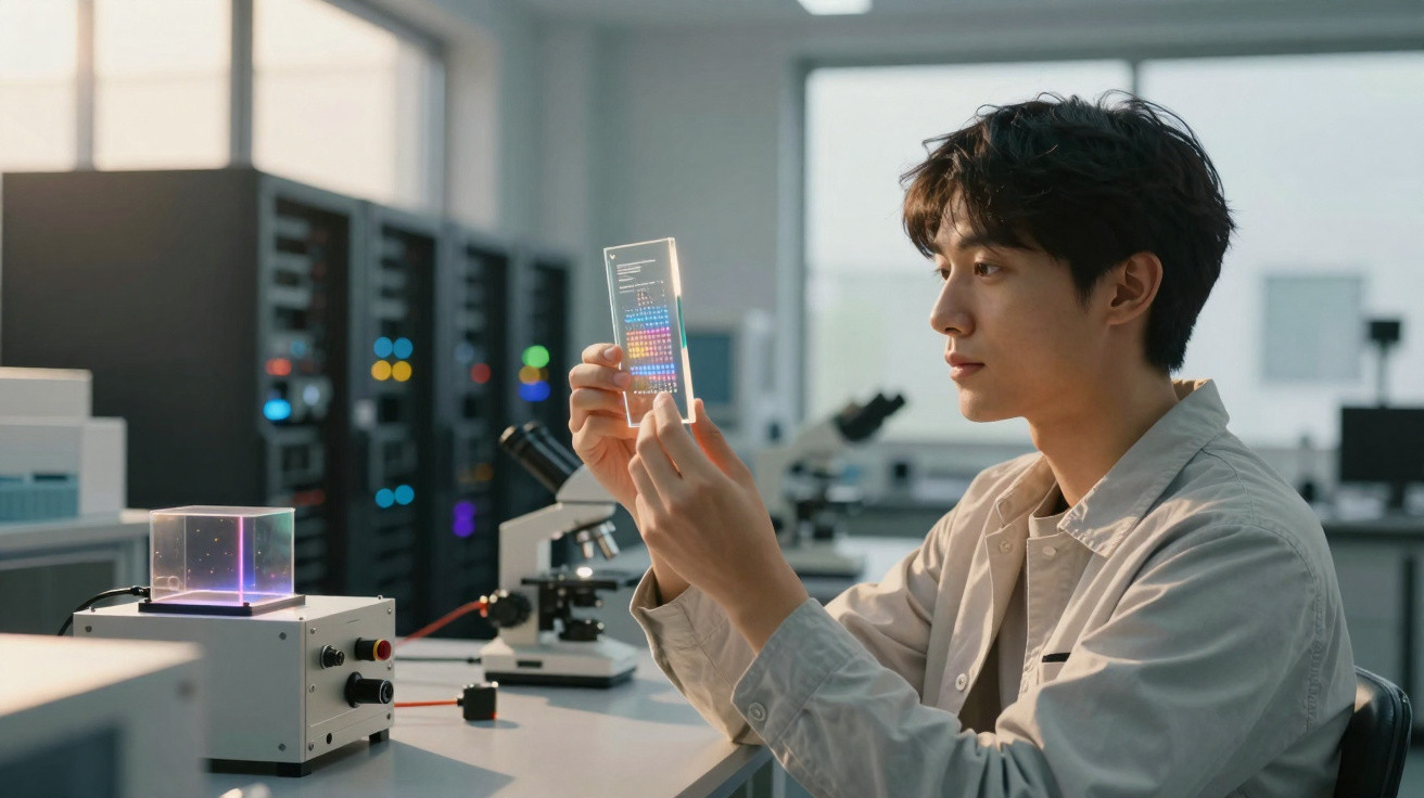 Young scientist examining a transparent digital panel in a high-tech laboratory with microscopes.