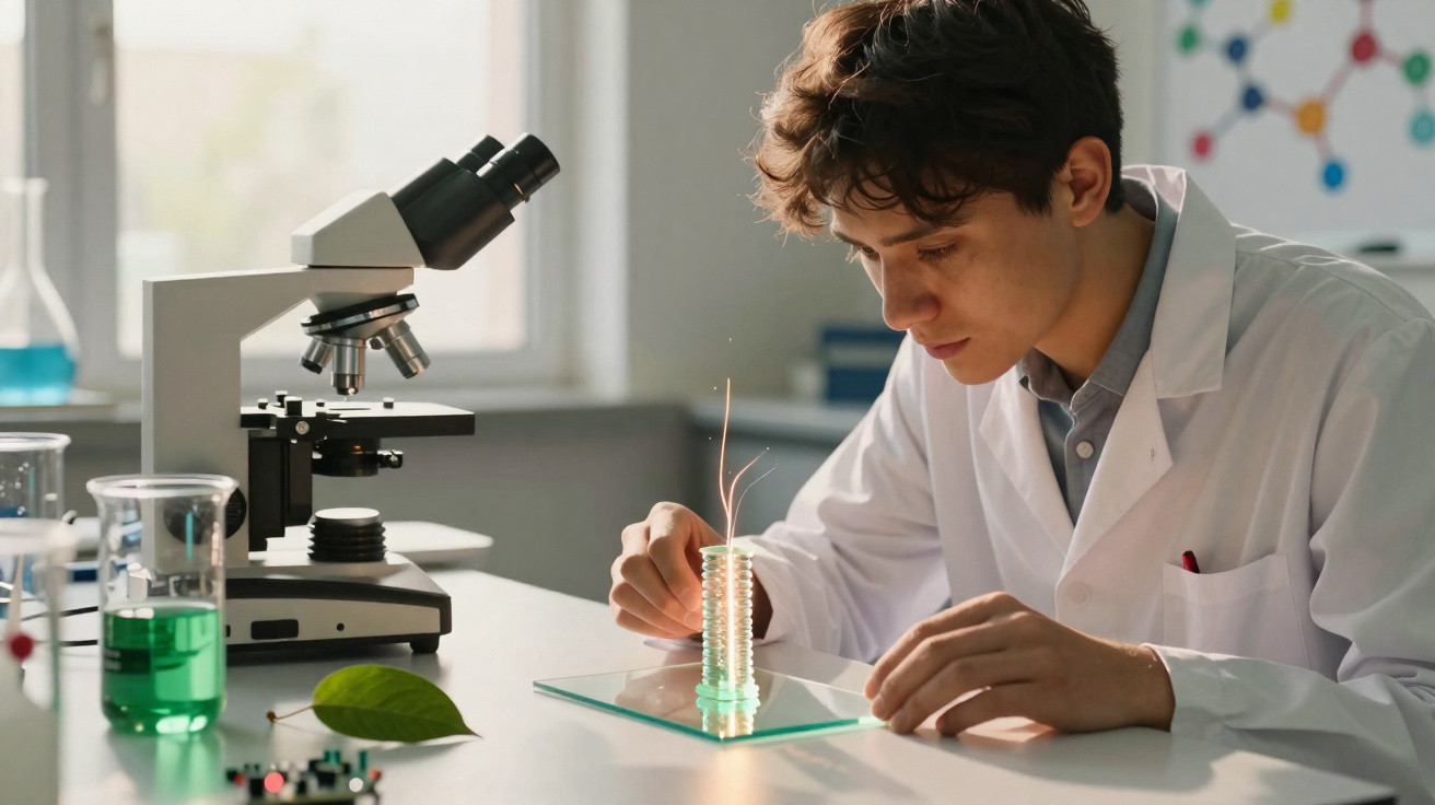Young male scientist in lab coat examining a small electronic device with a microscope nearby on the desk