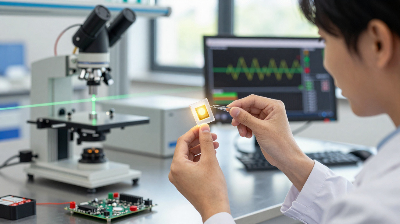 Scientist holding a glowing microchip with tweezers in a lab with microscope and computer displaying a waveform.