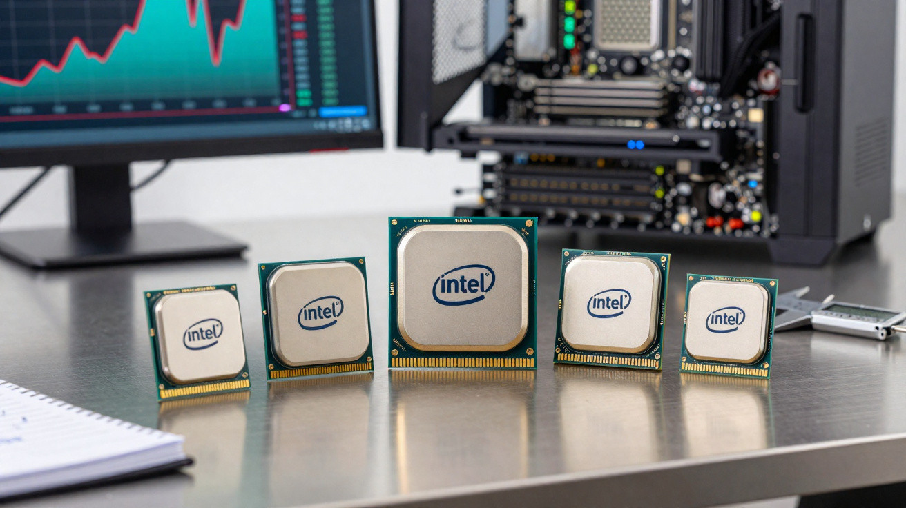 Five Intel computer processors of varying sizes lined up on a desk with a monitor and open PC case in the background.