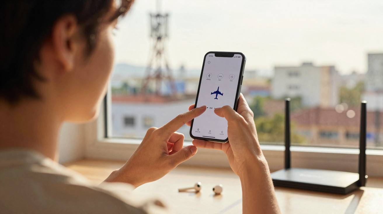 Person using a smartphone with a flight app open, sitting at a desk near a window with a router and wireless earbuds.