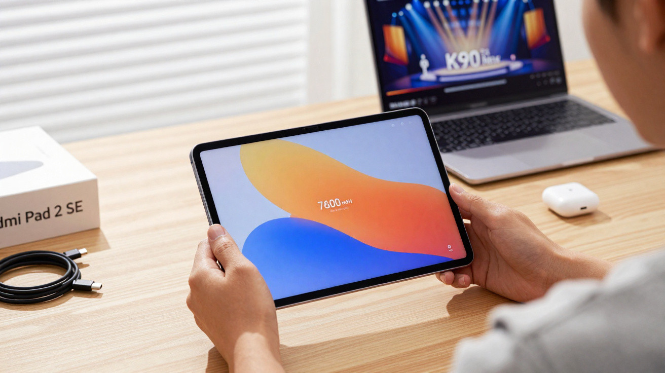 Person holding a tablet displaying a 7600 mAh battery capacity on a wooden desk with a laptop and charging cable nearby