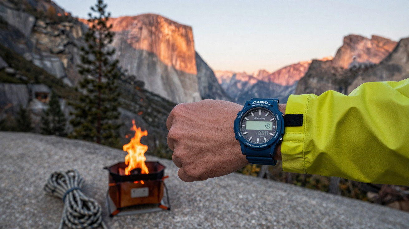 Person wearing a digital watch in front of a campfire with mountains and trees at sunset in the background