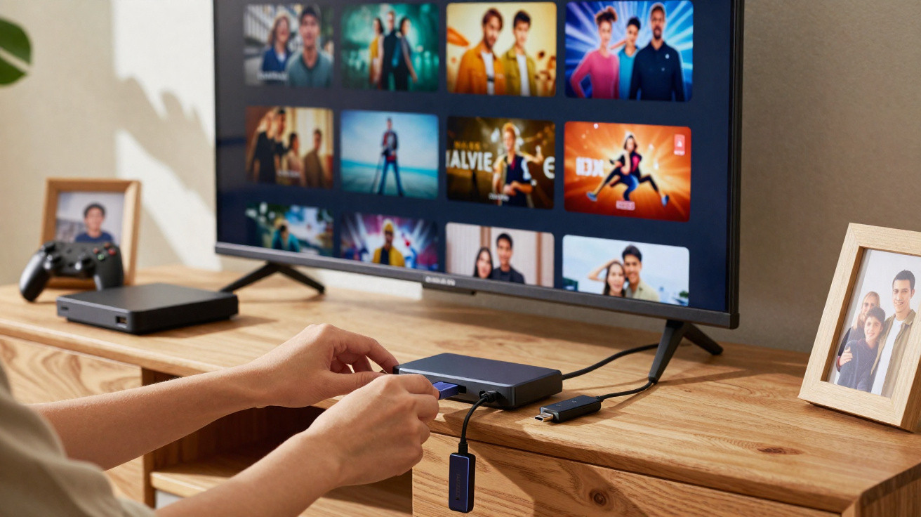 Person connecting a USB drive to a media streaming device in front of a TV displaying streaming app thumbnails.