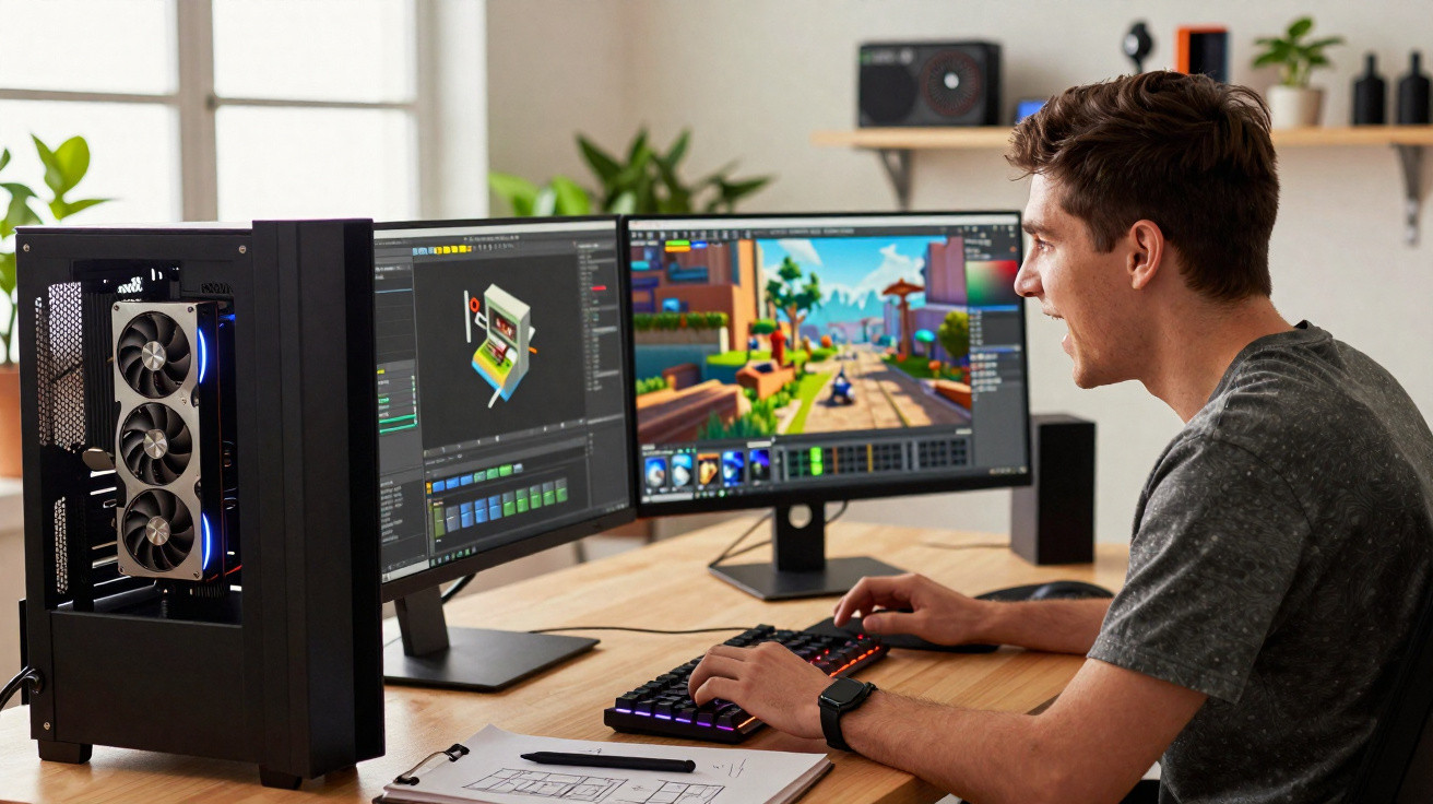 Man working on 3D game design on dual monitors at a desk with a gaming PC and sketchpad nearby.