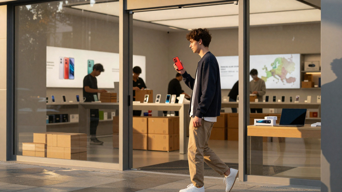 Young man holding a red smartphone walking outside a modern tech store with people inside browsing devices.