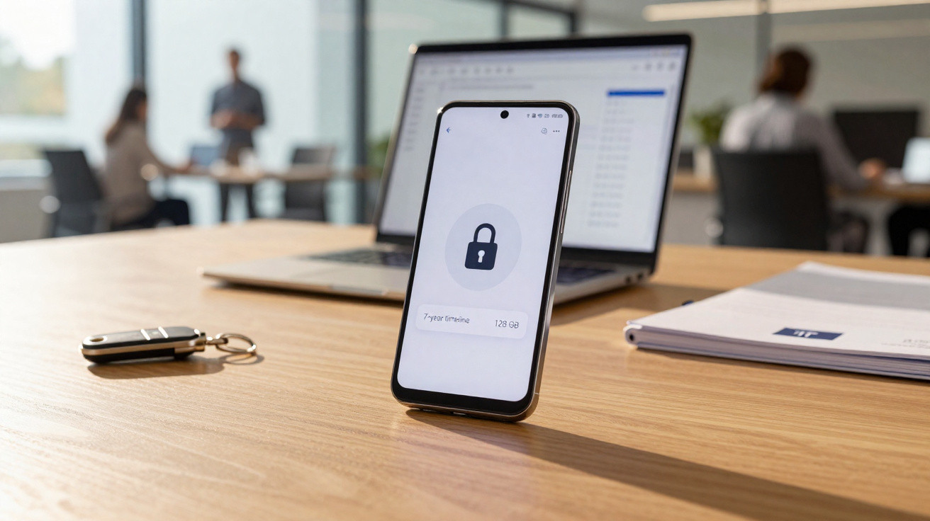 Smartphone displaying a locked screen with a padlock icon on a desk in an office setting.