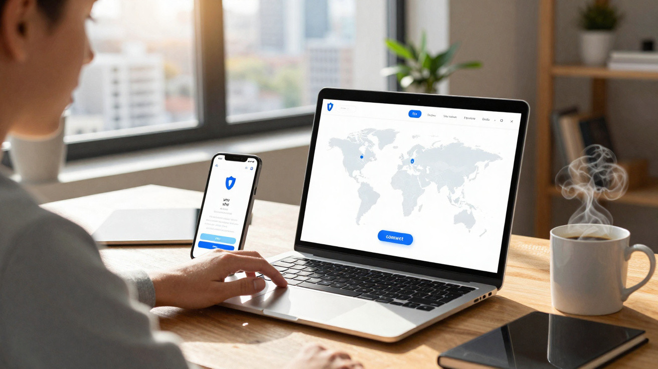 Person using laptop and smartphone showing VPN app with map, sitting at wooden desk with steaming coffee and tablet.