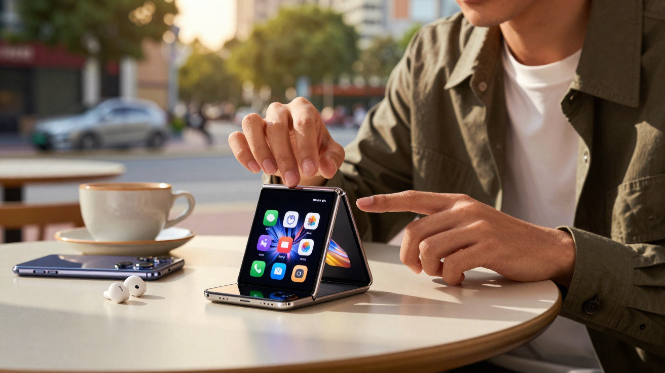 Person interacting with a foldable smartphone on a round table with earbuds, another phone, and a coffee cup nearby outdoors.