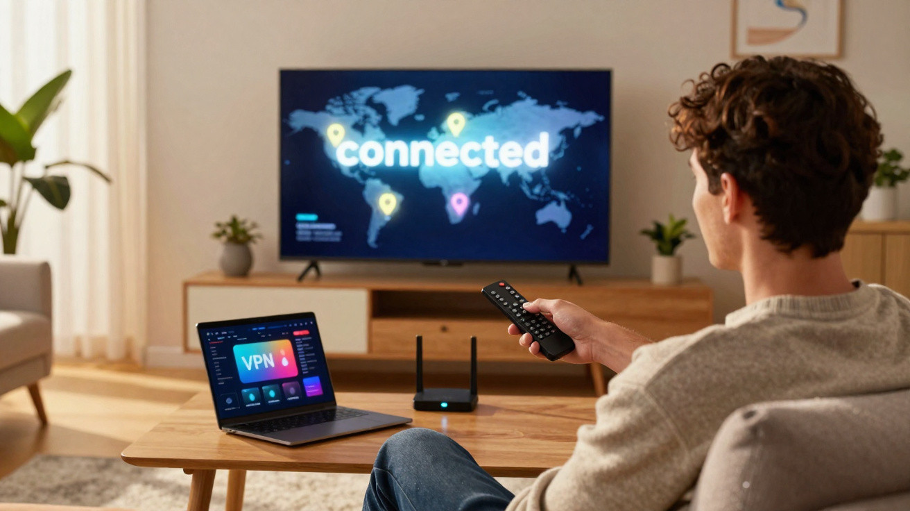 Man holding remote control watching TV with "connected" on screen, laptop showing VPN, and Wi-Fi router on table.