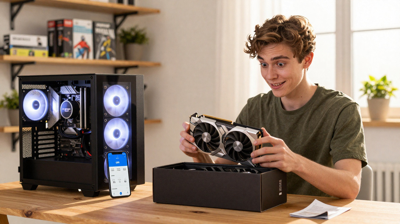 Young man excitedly installing a graphics card into a desktop PC in a bright room.
