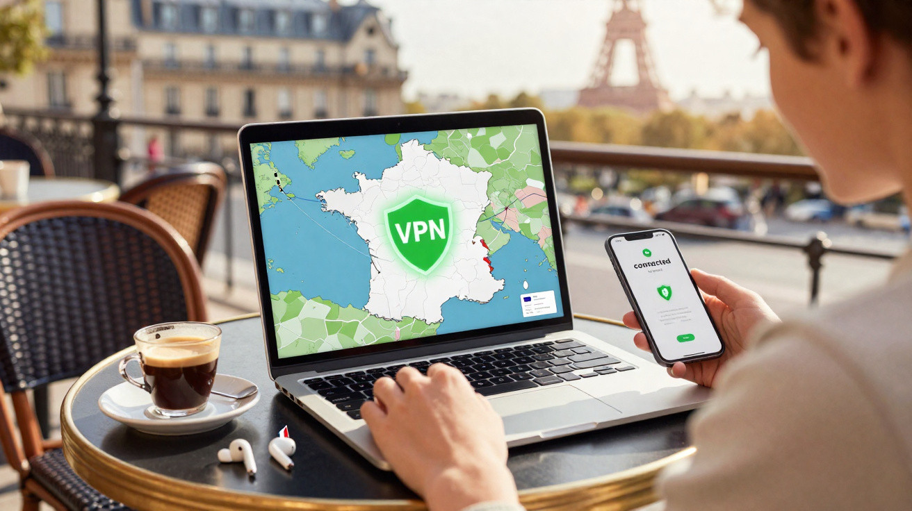 Person using a laptop and phone with VPN connected, sitting at an outdoor Paris café with Eiffel Tower in background.