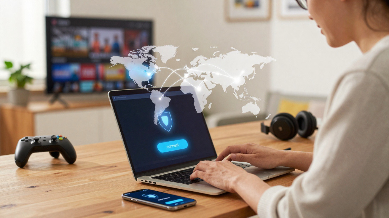 Person using laptop with digital world map and security shield icon, indicating internet protection or VPN connection.