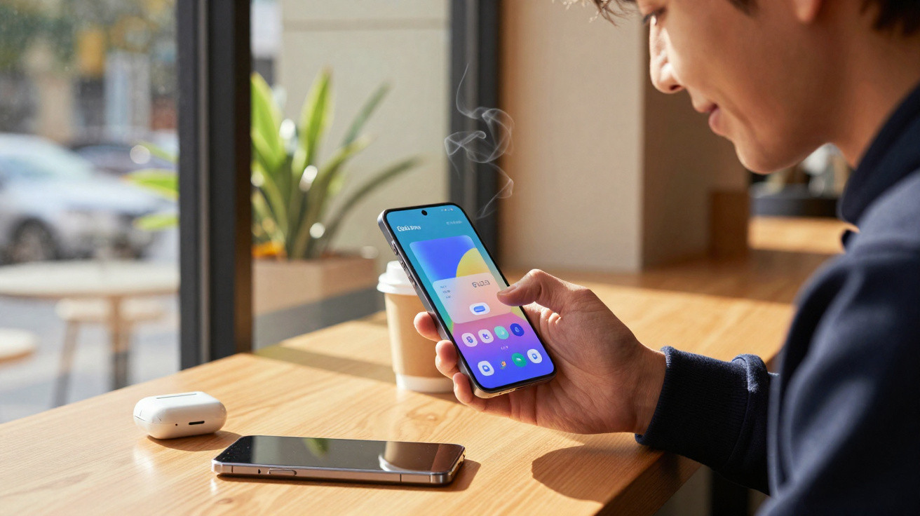 Person holding smartphone with app open, sitting at wooden table with second phone, earbuds, and coffee cup nearby.