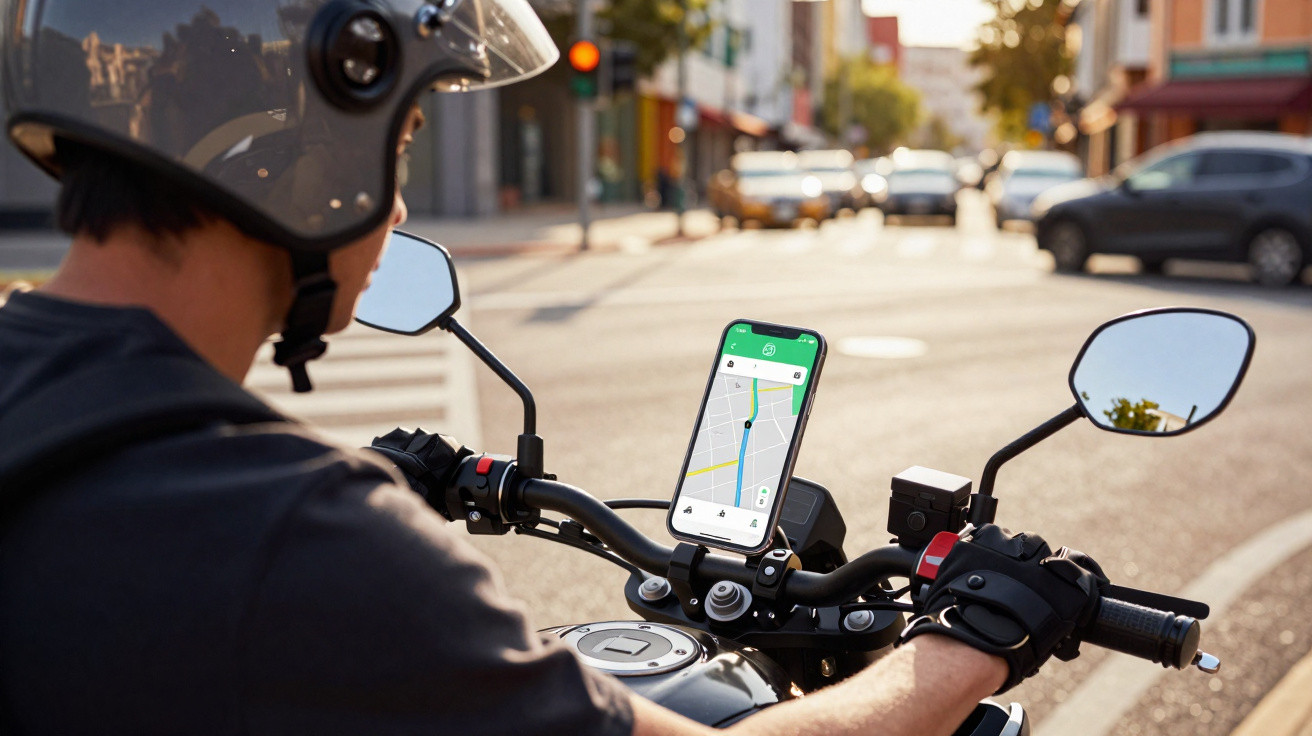Motorcyclist wearing helmet and gloves using smartphone navigation mounted on handlebars at an urban street intersection.