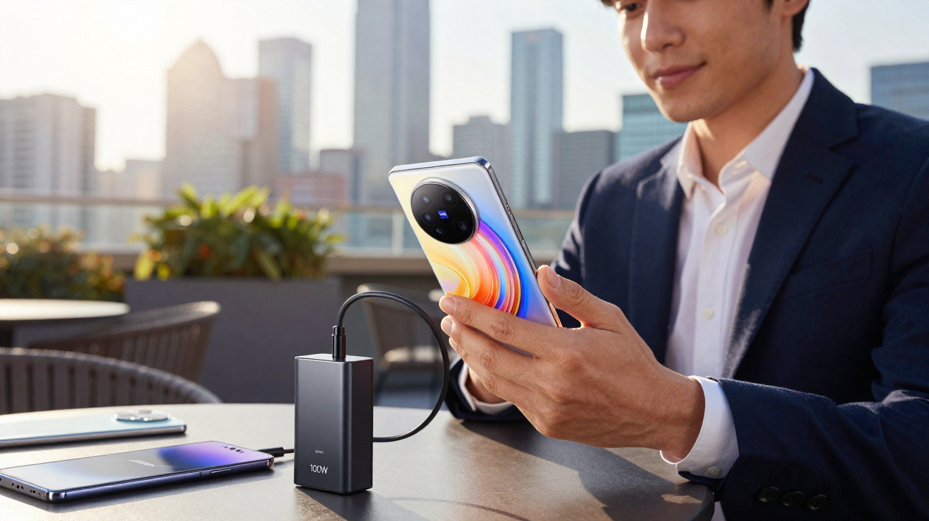 Man in suit using a smartphone connected to a portable 100W power bank on an outdoor table with city buildings in background.