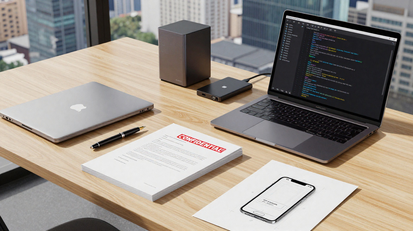 Office desk with MacBooks, code on screen, confidential documents, a pen, and a smartphone on paper schematic.